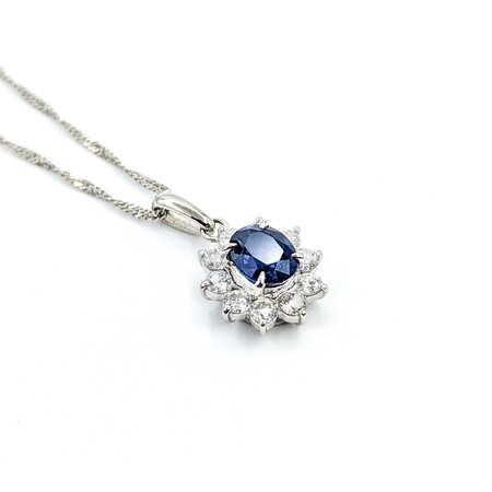 Pendant Halo .47ctw Round Diamonds .84ct Blue Sapphire 850pt 18x10mm 16" 3.5g 125040053