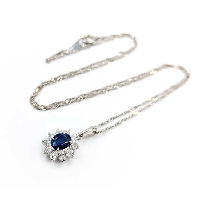 Pendant Halo .47ctw Round Diamonds .84ct Blue Sapphire 850pt 18x10mm 16" 3.5g 125040053