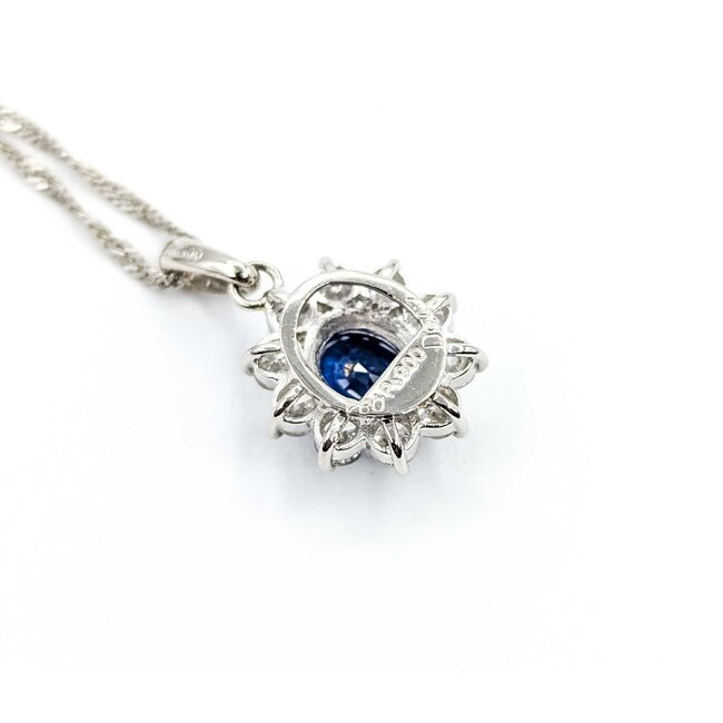 Pendant Halo .47ctw Round Diamonds .84ct Blue Sapphire 850pt 18x10mm 16" 3.5g 125040053