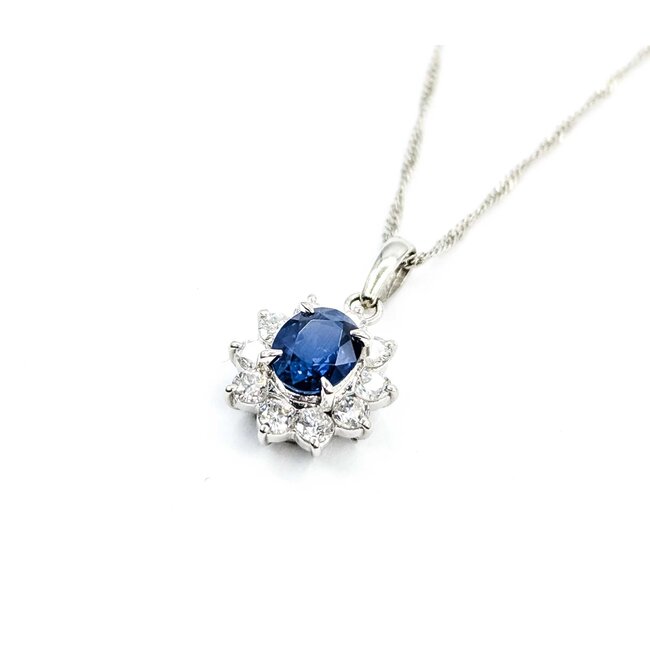 Pendant Halo .47ctw Round Diamonds .84ct Blue Sapphire 850pt 18x10mm 16" 3.5g 125040053