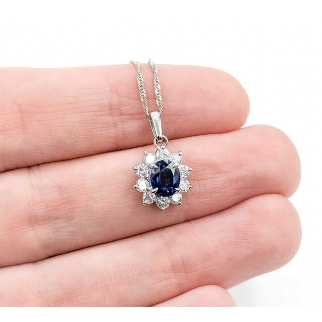 Pendant Halo .47ctw Round Diamonds .84ct Blue Sapphire 850pt 18x10mm 16" 3.5g 125040053