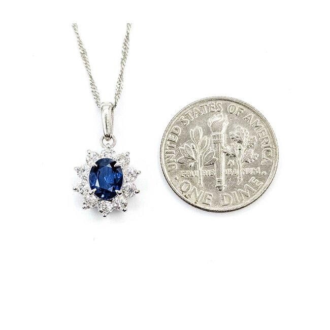 Pendant Halo .47ctw Round Diamonds .84ct Blue Sapphire 850pt 18x10mm 16" 3.5g 125040053