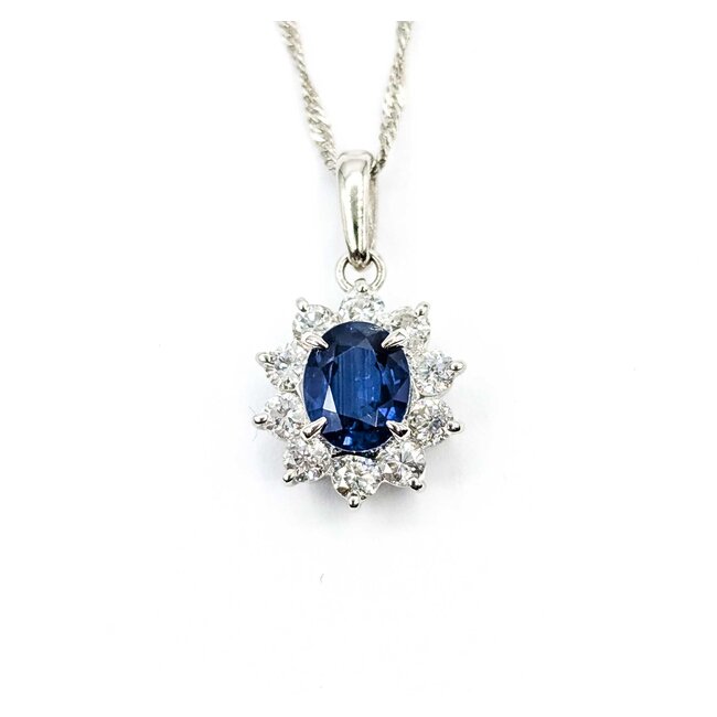 Pendant Halo .47ctw Round Diamonds .84ct Blue Sapphire 850pt 18x10mm 16" 3.5g 125040053