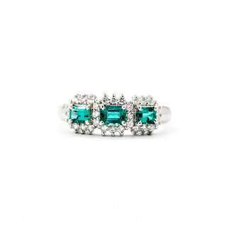 Ring 3-Stone Halo .22ctw Round Diamonds .47ctw Emerald 900pt 6.8mm Sz7 4.5g 125040058