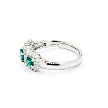Ring 3-Stone Halo .22ctw Round Diamonds .47ctw Emerald 900pt 6.8mm Sz7 4.5g 125040058