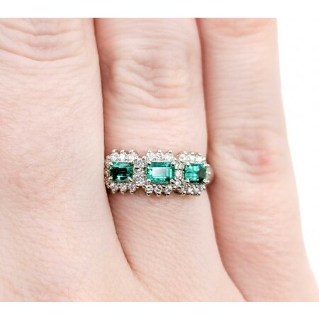 Ring 3-Stone Halo .22ctw Round Diamonds .47ctw Emerald 900pt 6.8mm Sz7 4.5g 125040058