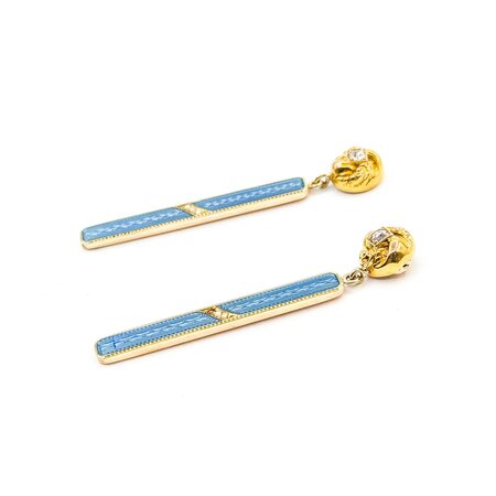 Earrings Bar Dangle .12ctw Mine Cut Diamonds 1mm Seed Pearl Blue Enamel 14ky 1.6x.15" 4.7g 225040103