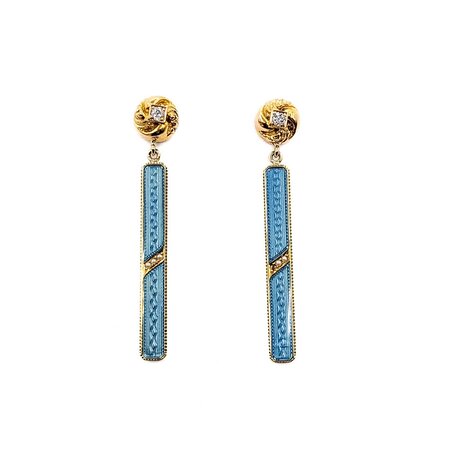 Earrings Bar Dangle .12ctw Mine Cut Diamonds 1mm Seed Pearl Blue Enamel 14ky 1.6x.15" 4.7g 225040103