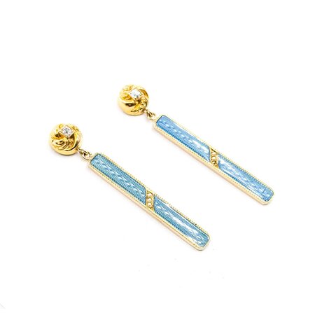 Earrings Bar Dangle .12ctw Mine Cut Diamonds 1mm Seed Pearl Blue Enamel 14ky 1.6x.15" 4.7g 225040103