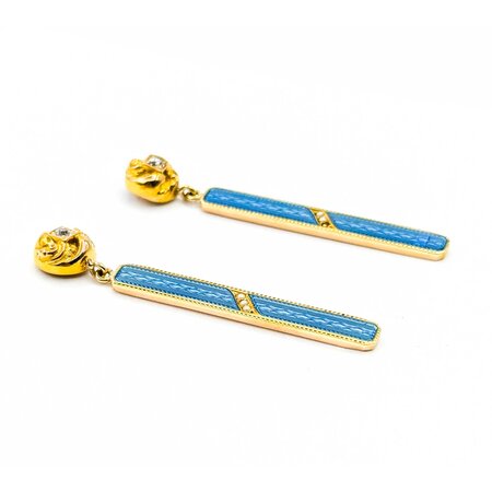 Earrings Bar Dangle .12ctw Mine Cut Diamonds 1mm Seed Pearl Blue Enamel 14ky 1.6x.15" 4.7g 225040103