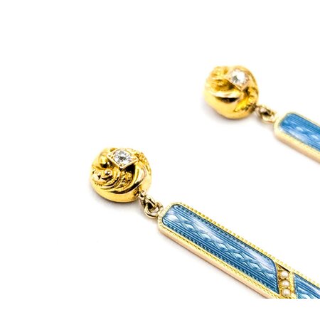 Earrings Bar Dangle .12ctw Mine Cut Diamonds 1mm Seed Pearl Blue Enamel 14ky 1.6x.15" 4.7g 225040103