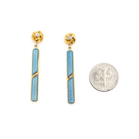 Earrings Bar Dangle .12ctw Mine Cut Diamonds 1mm Seed Pearl Blue Enamel 14ky 1.6x.15" 4.7g 225040103