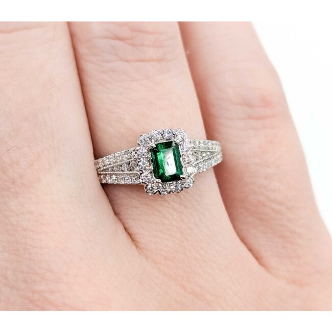 Ring Pave Band .50ctw Round Diamonds .35ct Emerald 14kw sz6 8.5mm 124060176