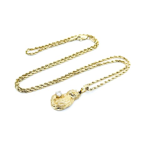 Pendant Cat W/Rope Chain .20ct Round Diamond 14ky 25x12.5mm 19" 5.18g 225050057