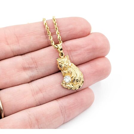 Pendant Cat W/Rope Chain .20ct Round Diamond 14ky 25x12.5mm 19" 5.18g 225050057