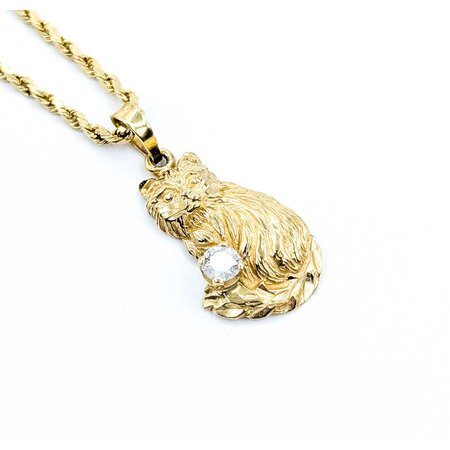 Pendant Cat W/Rope Chain .20ct Round Diamond 14ky 25x12.5mm 19" 5.18g 225050057