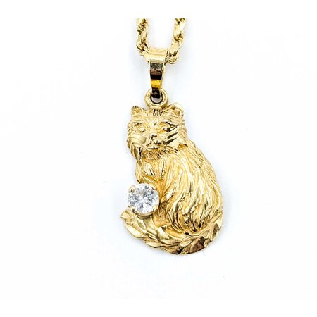 Pendant Cat W/Rope Chain .20ct Round Diamond 14ky 25x12.5mm 19" 5.18g 225050057