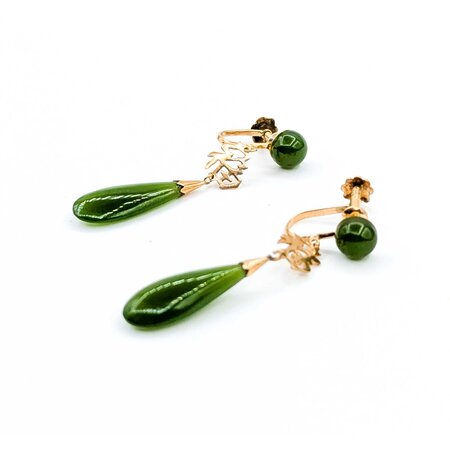 Earrings Dangle Screw Back Jade 14ky 39x7mm 3.53g 225050031