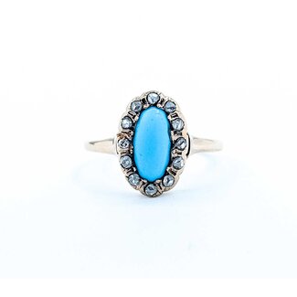 Ring Antique .20ctw Rose Cut Diamonds 9x4.5mm Turquoise 14ky Sz6.5 1.88g 225050055