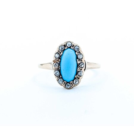 Ring Antique .20ctw Rose Cut Diamonds 9x4.5mm Turquoise 14ky Sz6.5 1.88g 225050055