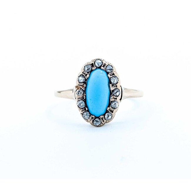 Ring Antique .20ctw Rose Cut Diamonds 9x4.5mm Turquoise 14ky Sz6.5 1.88g 225050055
