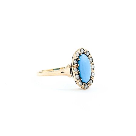 Ring Antique .20ctw Rose Cut Diamonds 9x4.5mm Turquoise 14ky Sz6.5 1.88g 225050055