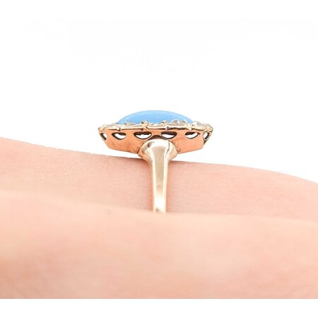Ring Antique .20ctw Rose Cut Diamonds 9x4.5mm Turquoise 14ky Sz6.5 1.88g 225050055