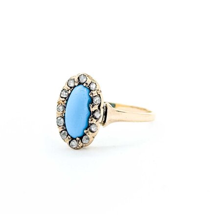 Ring Antique .20ctw Rose Cut Diamonds 9x4.5mm Turquoise 14ky Sz6.5 1.88g 225050055