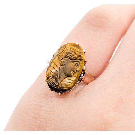 Ring Vintage Carved Figure Tiger Eye 10ky Sz4.75 3.25g 225050054