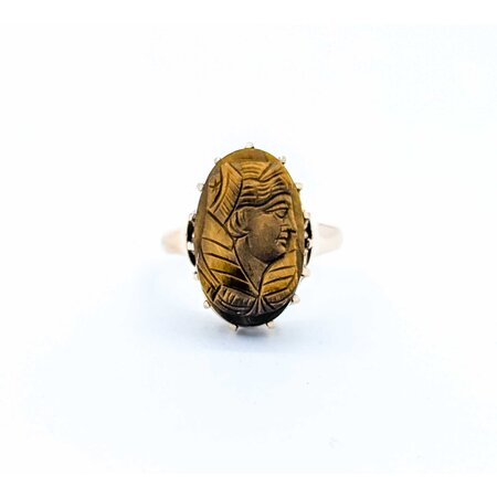 Ring Vintage Carved Figure Tiger Eye 10ky Sz4.75 3.25g 225050054