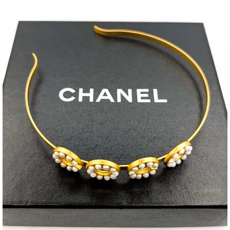 Chanel Coco Faux Pearl Headband Gold Tone 125050136