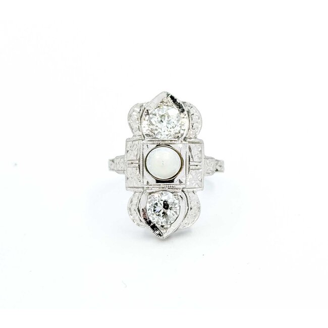 Ring Antique Art Deco .70ctw Old Mine Cut Diamonds 4.7mm Aqkoya Pearl 18kw Sz3.5 3.04g 225060010