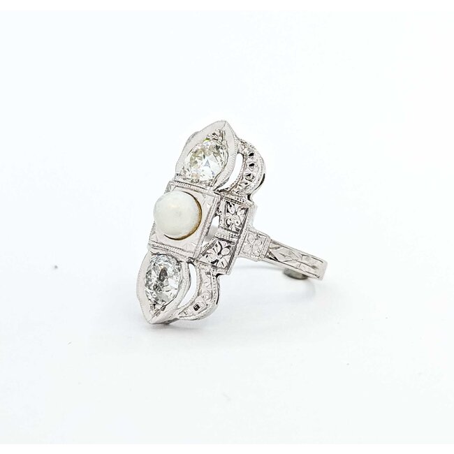 Ring Antique Art Deco .70ctw Old Mine Cut Diamonds 4.7mm Aqkoya Pearl 18kw Sz3.5 3.04g 225060010