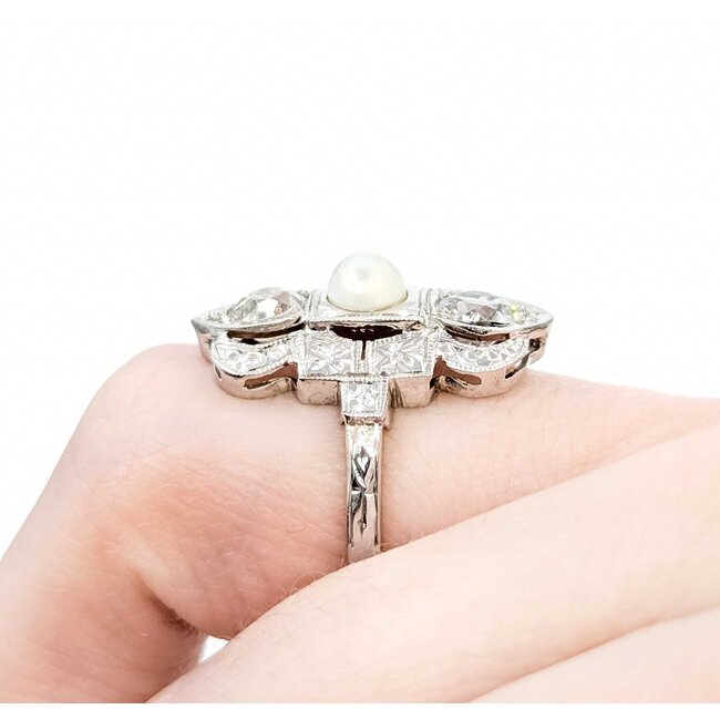 Ring Antique Art Deco .70ctw Old Mine Cut Diamonds 4.7mm Aqkoya Pearl 18kw Sz3.5 3.04g 225060010