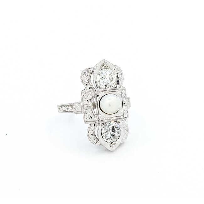 Ring Antique Art Deco .70ctw Old Mine Cut Diamonds 4.7mm Aqkoya Pearl 18kw Sz3.5 3.04g 225060010