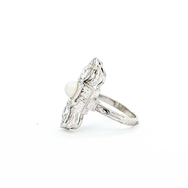 Ring Antique Art Deco .70ctw Old Mine Cut Diamonds 4.7mm Aqkoya Pearl 18kw Sz3.5 3.04g 225060010