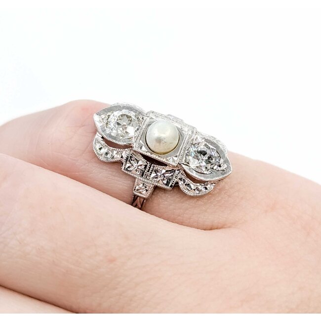 Ring Antique Art Deco .70ctw Old Mine Cut Diamonds 4.7mm Aqkoya Pearl 18kw Sz3.5 3.04g 225060010