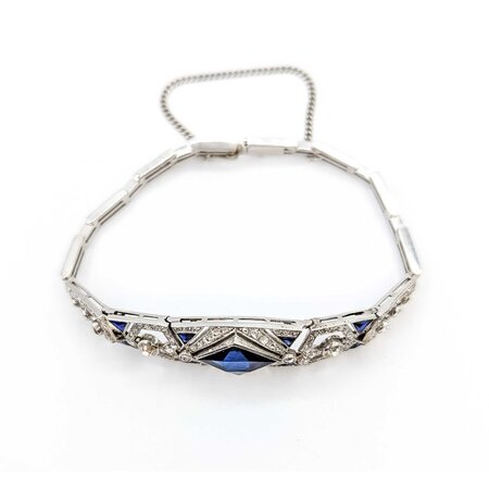 Bracelet Art Deco 1.00ctw Old European/Rose Cut Diamonds Synthetic Sapphires 14kw 14mm 6.5" 14.86g 225050026