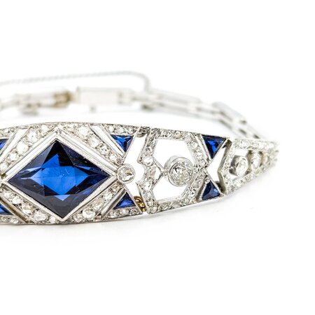 Bracelet Art Deco 1.00ctw Old European/Rose Cut Diamonds Synthetic Sapphires 14kw 14mm 6.5" 14.86g 225050026