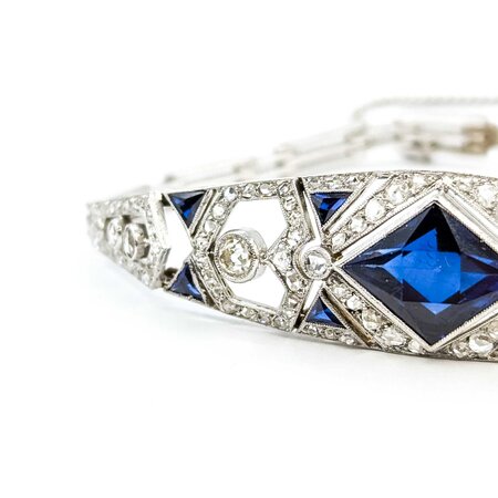 Bracelet Art Deco 1.00ctw Old European/Rose Cut Diamonds Synthetic Sapphires 14kw 14mm 6.5" 14.86g 225050026