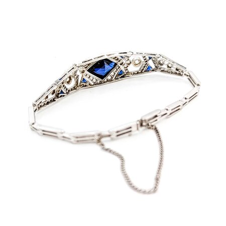 Bracelet Art Deco 1.00ctw Old European/Rose Cut Diamonds Synthetic Sapphires 14kw 14mm 6.5" 14.86g 225050026