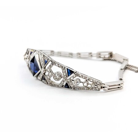 Bracelet Art Deco 1.00ctw Old European/Rose Cut Diamonds Synthetic Sapphires 14kw 14mm 6.5" 14.86g 225050026