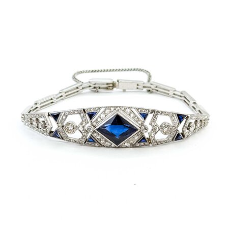 Bracelet Art Deco 1.00ctw Old European/Rose Cut Diamonds Synthetic Sapphires 14kw 14mm 6.5" 14.86g 225050026