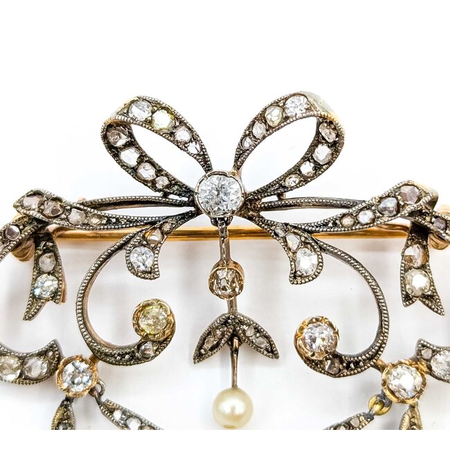 Brooch/Pendant Antique Bow 1.25ctw Rose Cut/Old Mine Diamonds SS/18ky 54x47mm 10.68g 225060017