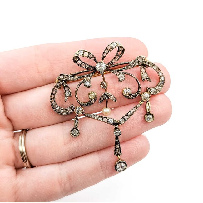 Brooch/Pendant Antique Bow 1.25ctw Rose Cut/Old Mine Diamonds SS/18ky 54x47mm 10.68g 225060017