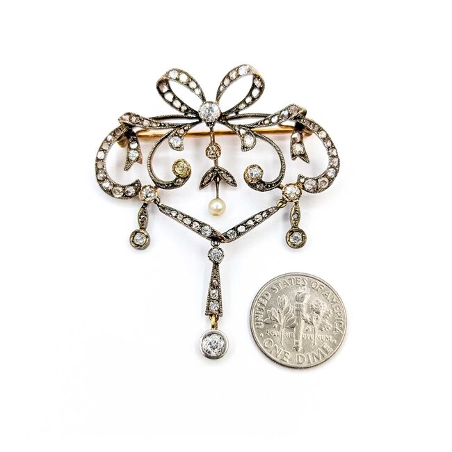 Brooch/Pendant Antique Bow 1.25ctw Rose Cut/Old Mine Diamonds SS/18ky 54x47mm 10.68g 225060017
