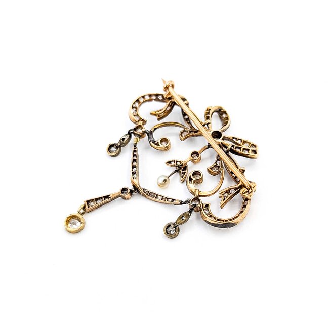 Brooch/Pendant Antique Bow 1.25ctw Rose Cut/Old Mine Diamonds SS/18ky 54x47mm 10.68g 225060017