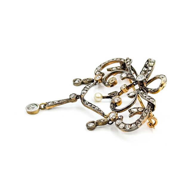 Brooch/Pendant Antique Bow 1.25ctw Rose Cut/Old Mine Diamonds SS/18ky 54x47mm 10.68g 225060017