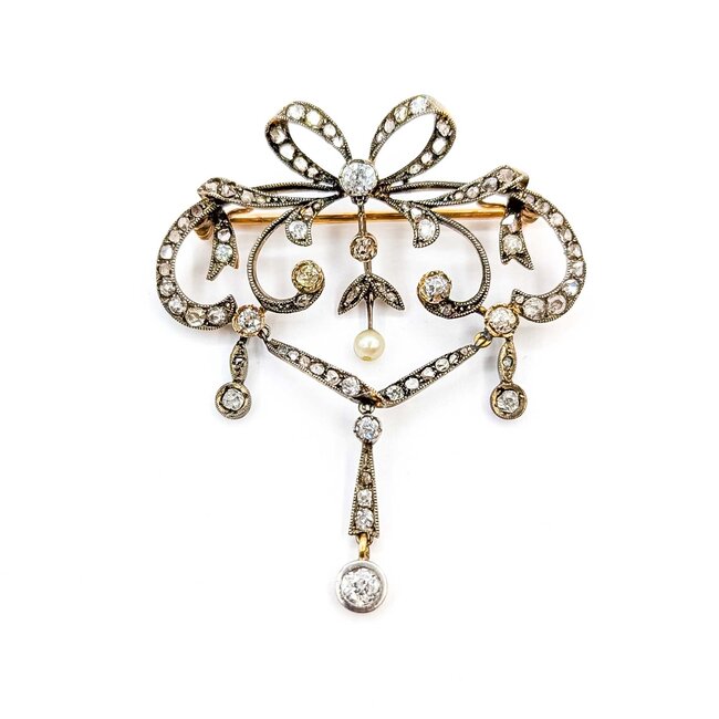 Brooch/Pendant Antique Bow 1.25ctw Rose Cut/Old Mine Diamonds SS/18ky 54x47mm 10.68g 225060017