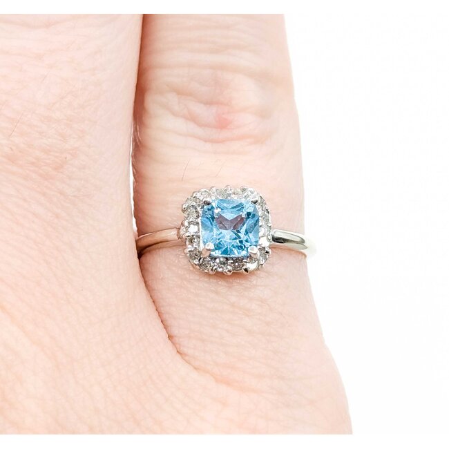 Ring Halo .09ctw Round Diamonds .56ct Blue Topaz 14kw sz4 1.7g 125060049